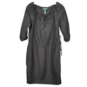 Lauren‎ Ralph Lauren Blue Silk 3/4 Sleeve Drawstring Mini Dress Size XS